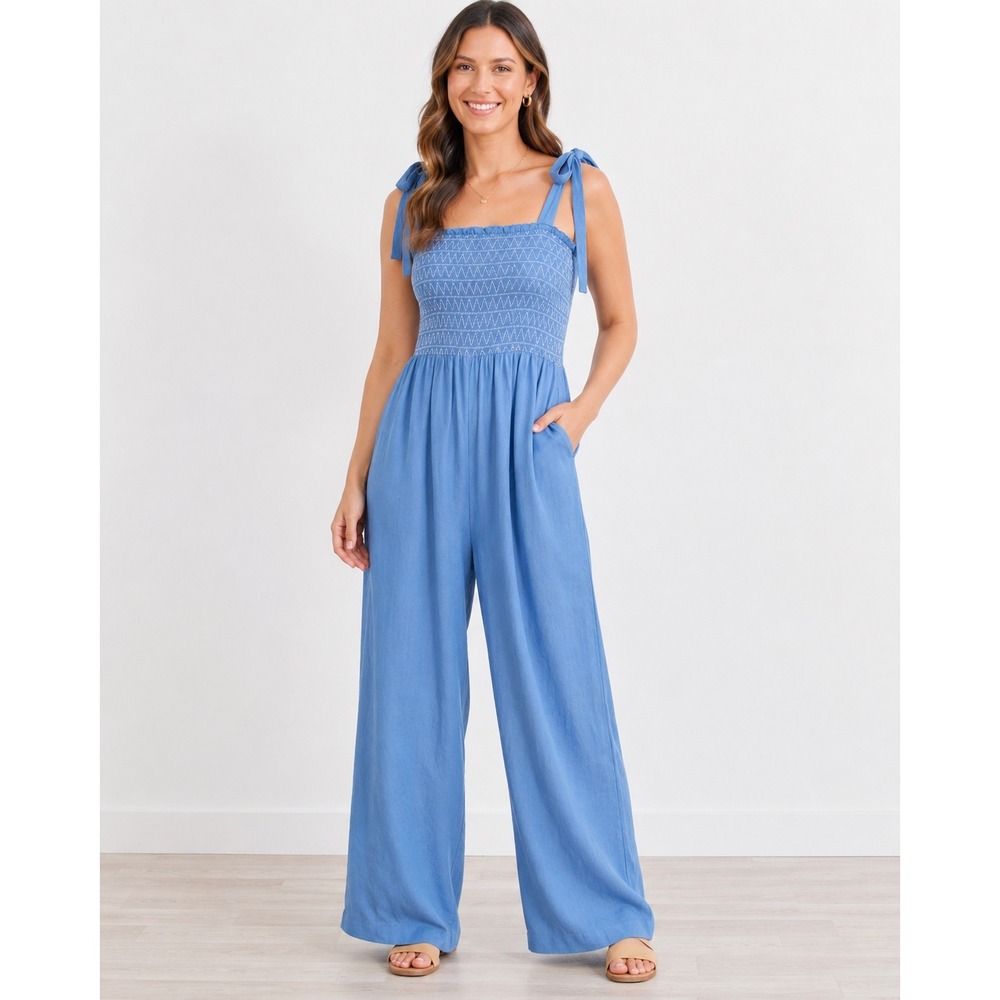 NWT Francesca's Blue Smocked Wide Leg Jumpsuit XL Tie Straps